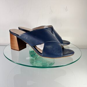 Cole Haan Dakota Crisscross Block Heel Sandal Blue Leather Peep Toe